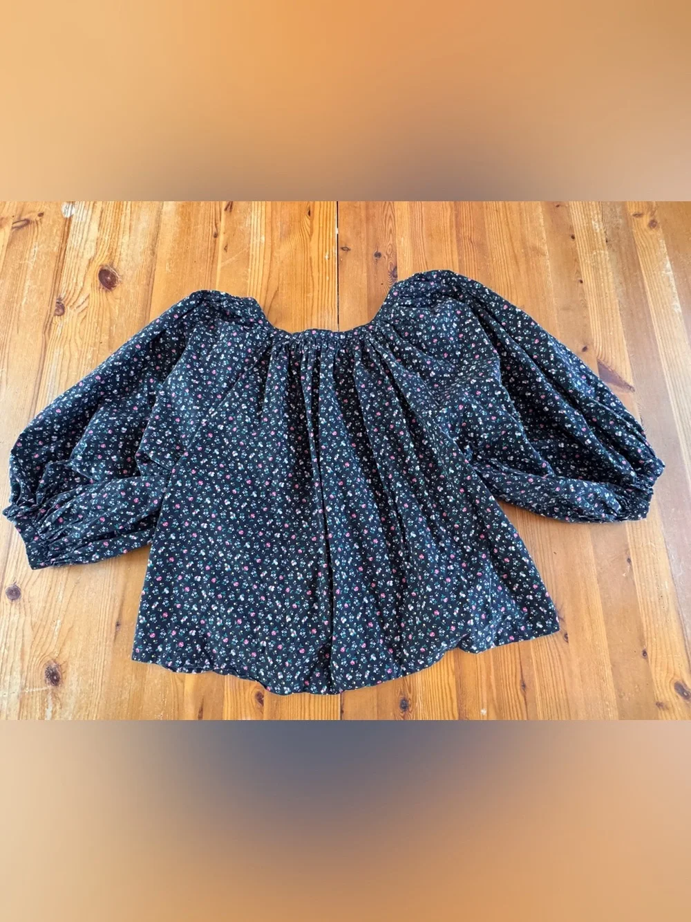 Doen Black Floral Jeanne Puff Sleeve Blouse with Pink & Green Floral Accents